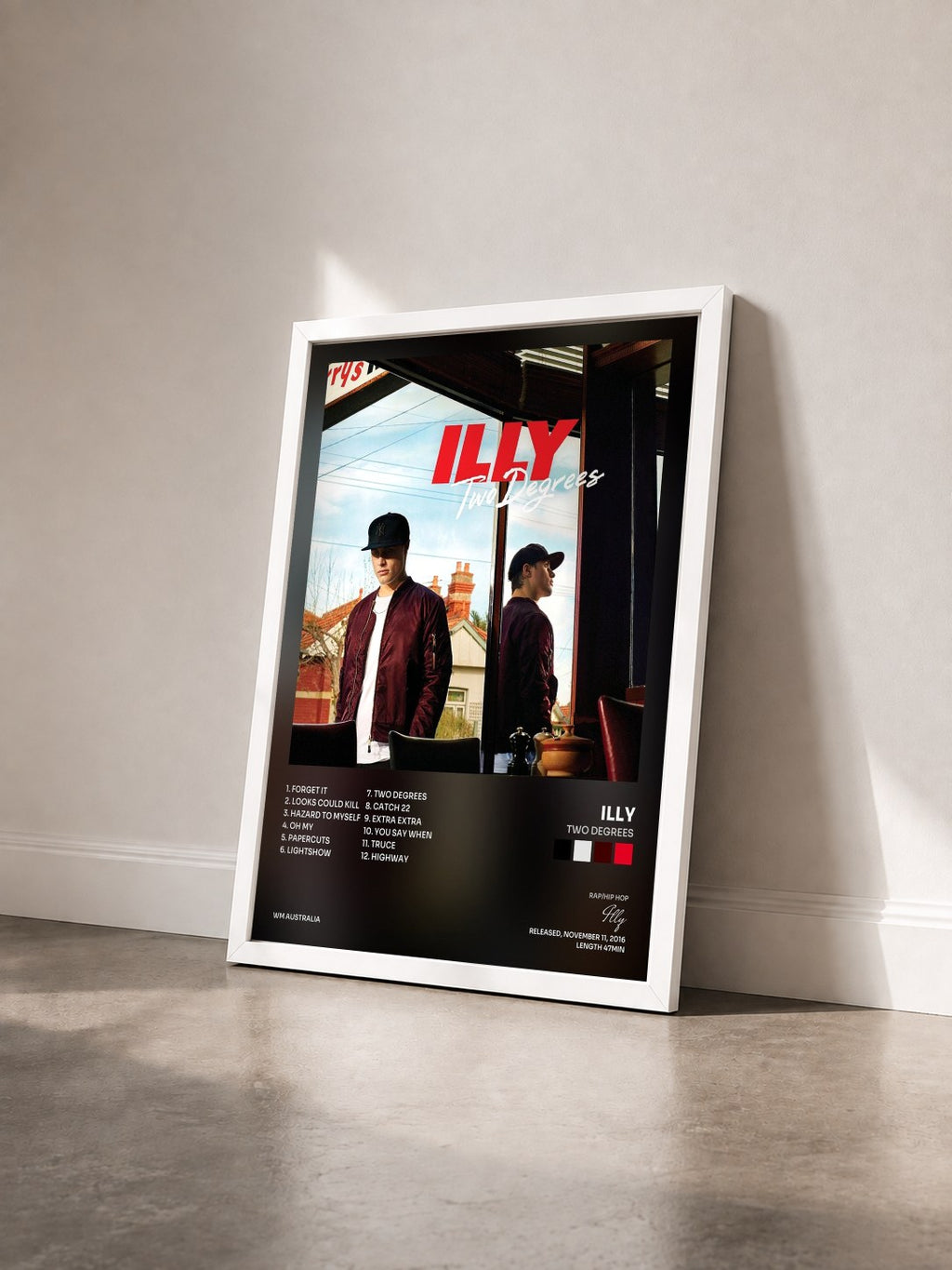 #blanc Tableau de l'album Two Degrees de Illy vu de trois quarts, cadre blanc