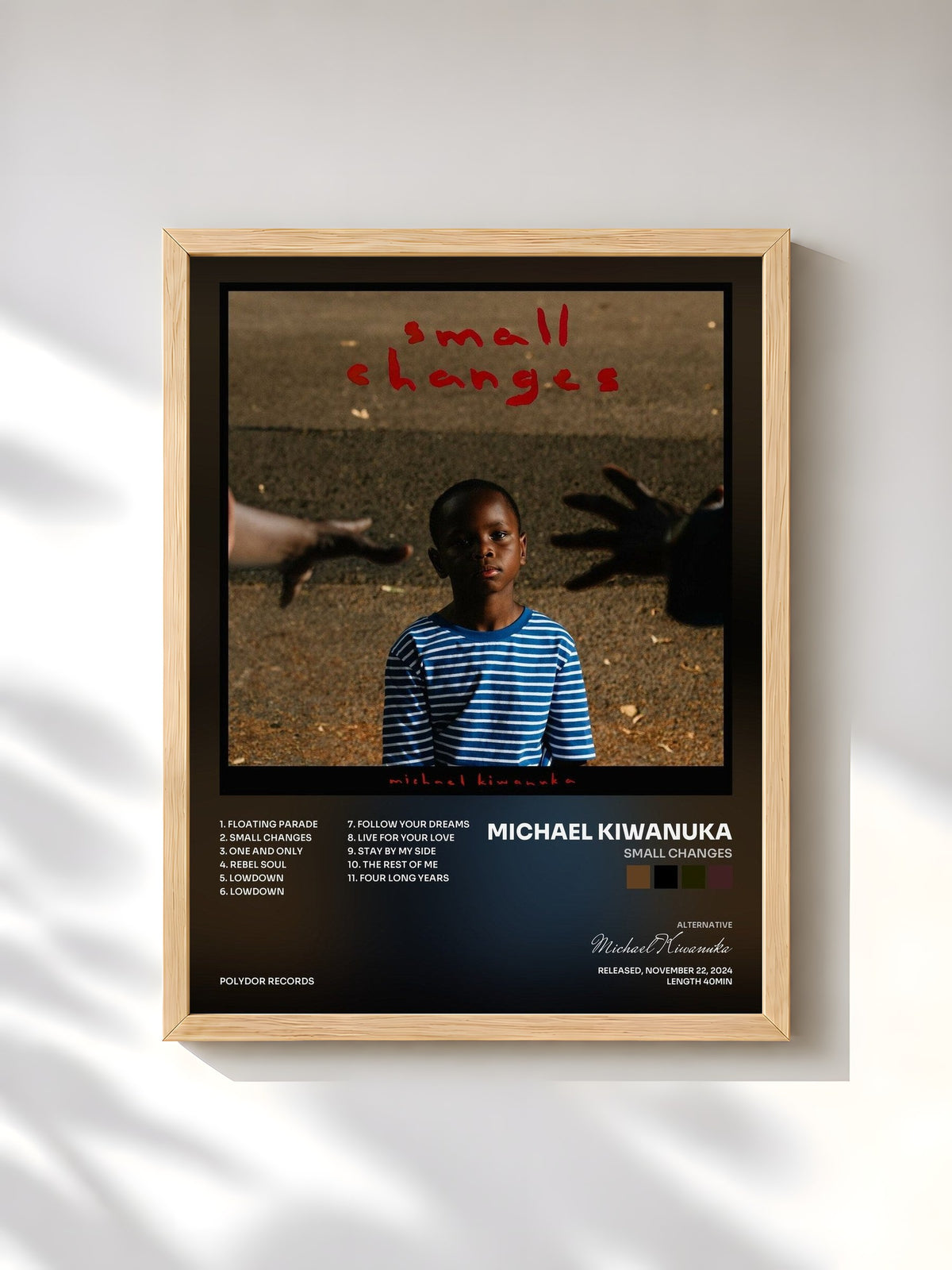 #bois Tableau de l'album Small Changes de Michael Kiwanuka, cadre en bois brut, imprimé et encadré en France