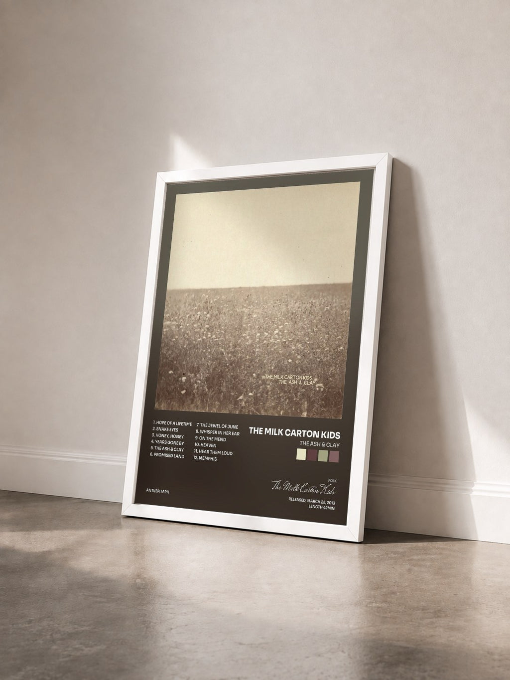 #blanc Tableau de l'album The Ash & Clay de The Milk Carton Kids vu de trois quarts, cadre blanc