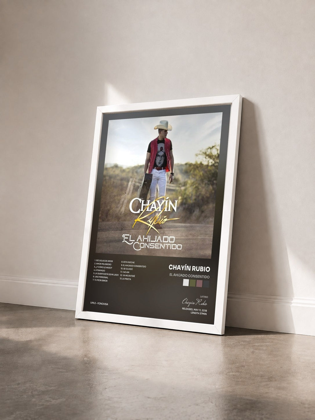 #blanc Tableau de l'album El Ahijado Consentido de Chayín Rubio vu de trois quarts, cadre blanc
