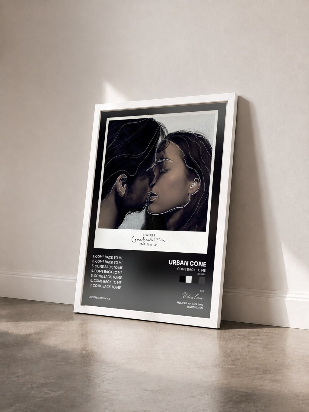 #blanc Tableau de l'album Come Back To Me (Remixes) de Urban Cone vu de trois quarts, cadre blanc