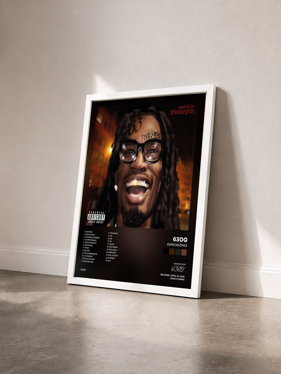 #blanc Tableau de l'album 63PROBLÈMES de 63OG vu de trois quarts, cadre blanc