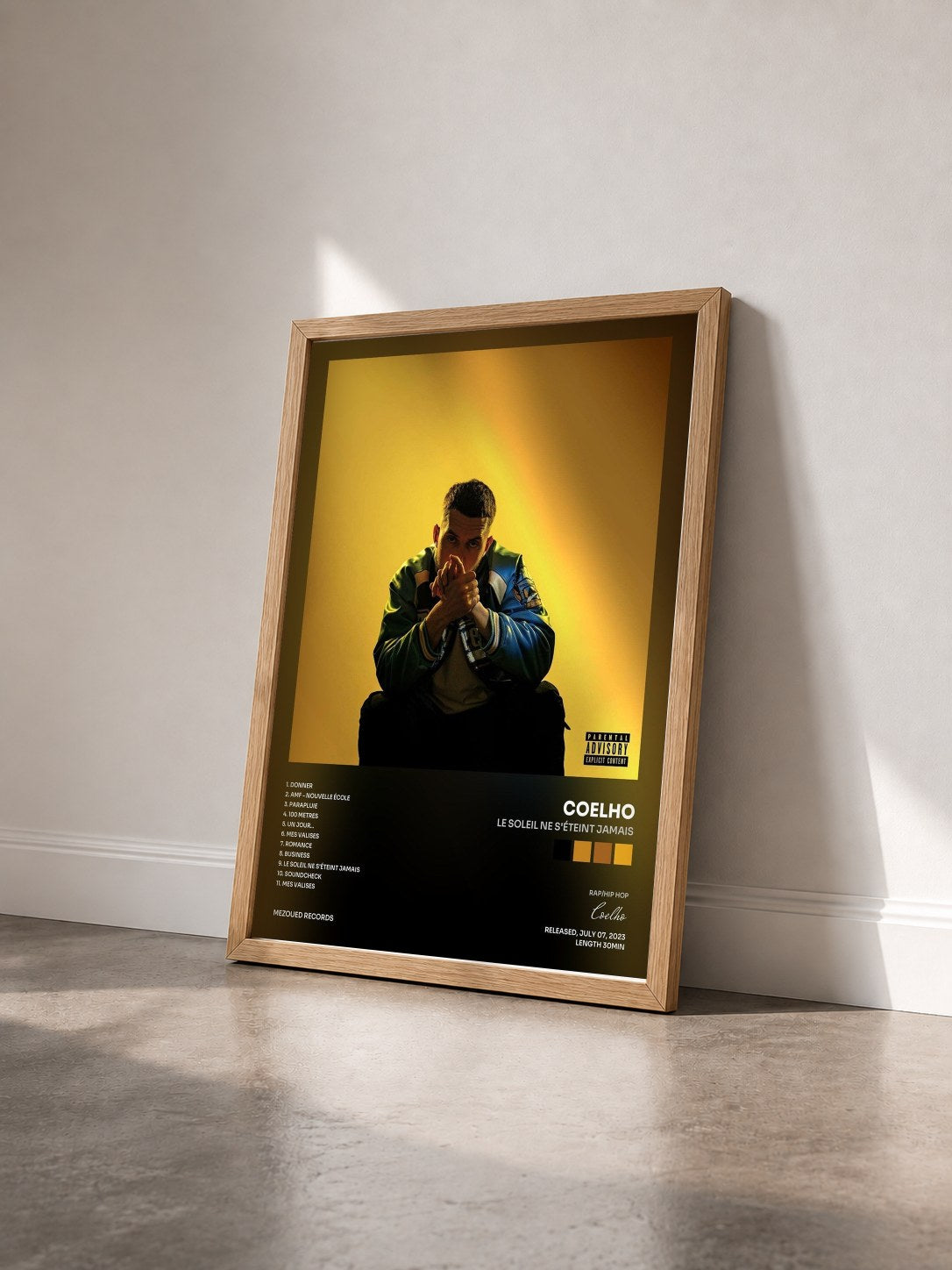 #bois Tableau de l'album LE SOLEIL NE S'ÉTEINT JAMAIS de Coelho vu de trois quarts, cadre en bois brut