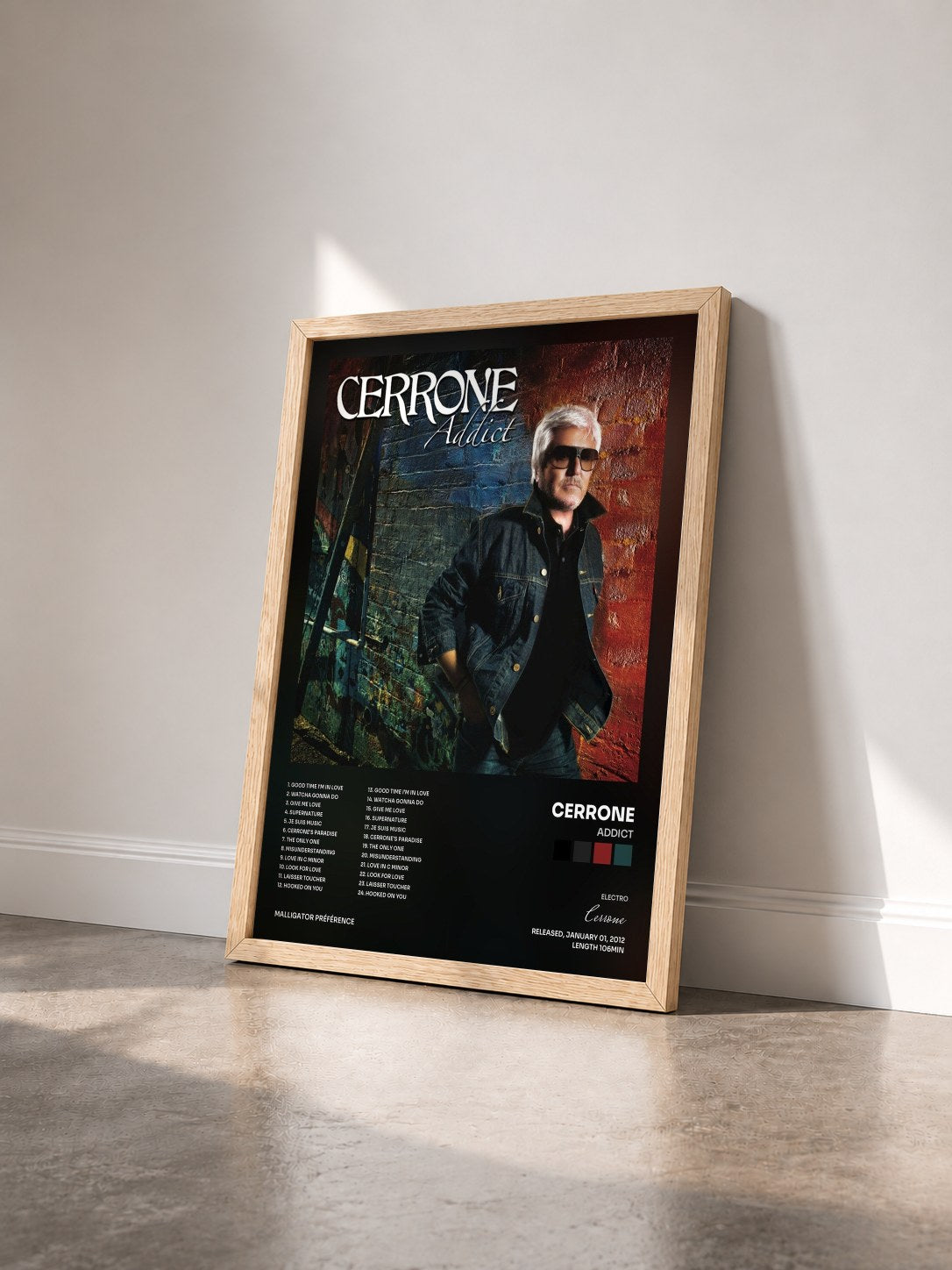 #bois Tableau de l'album Addict de Cerrone vu de trois quarts, cadre en bois brut