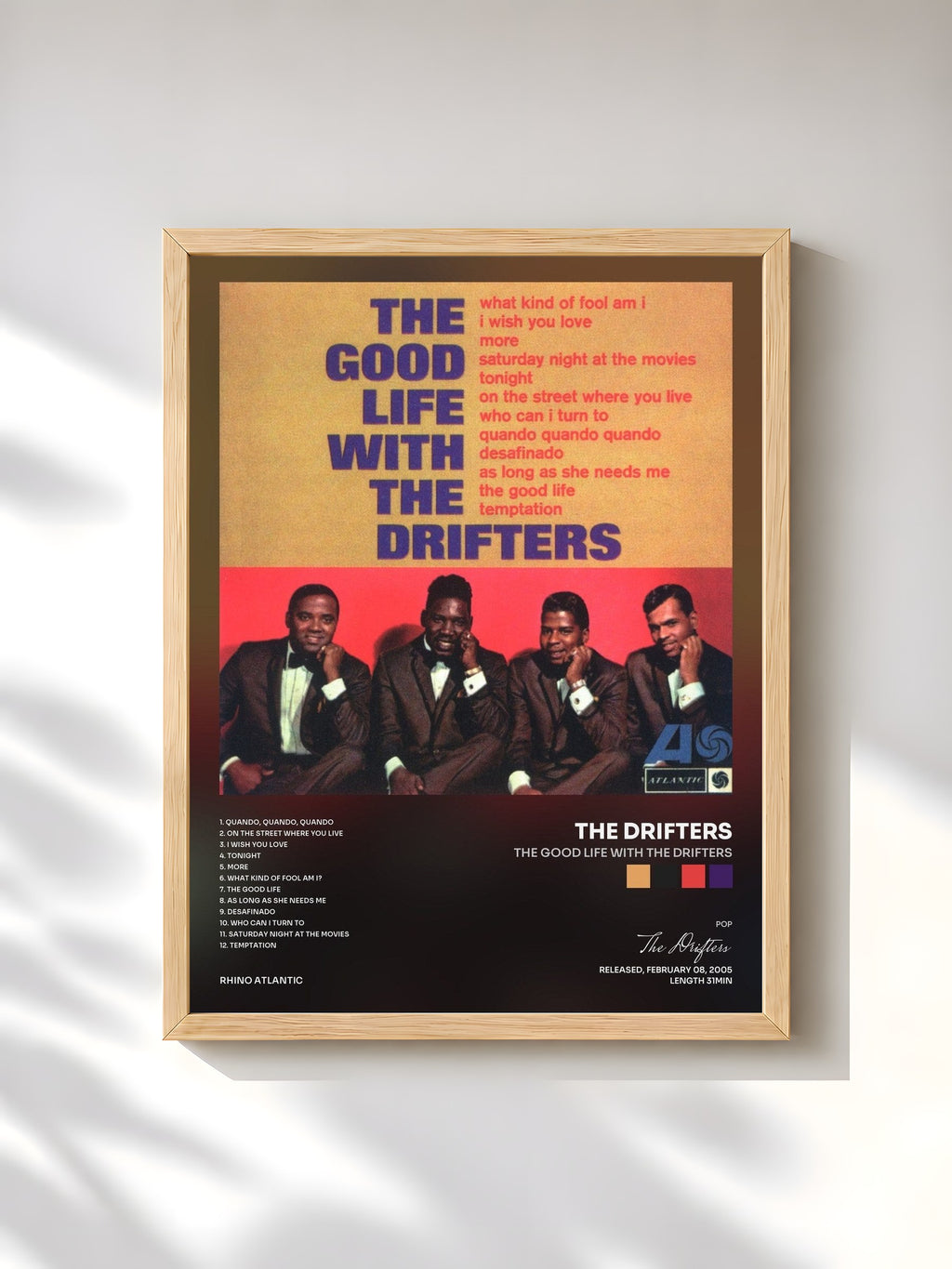 #bois Tableau de l'album The Good Life With the Drifters de The Drifters, cadre en bois brut, imprimé et encadré en France