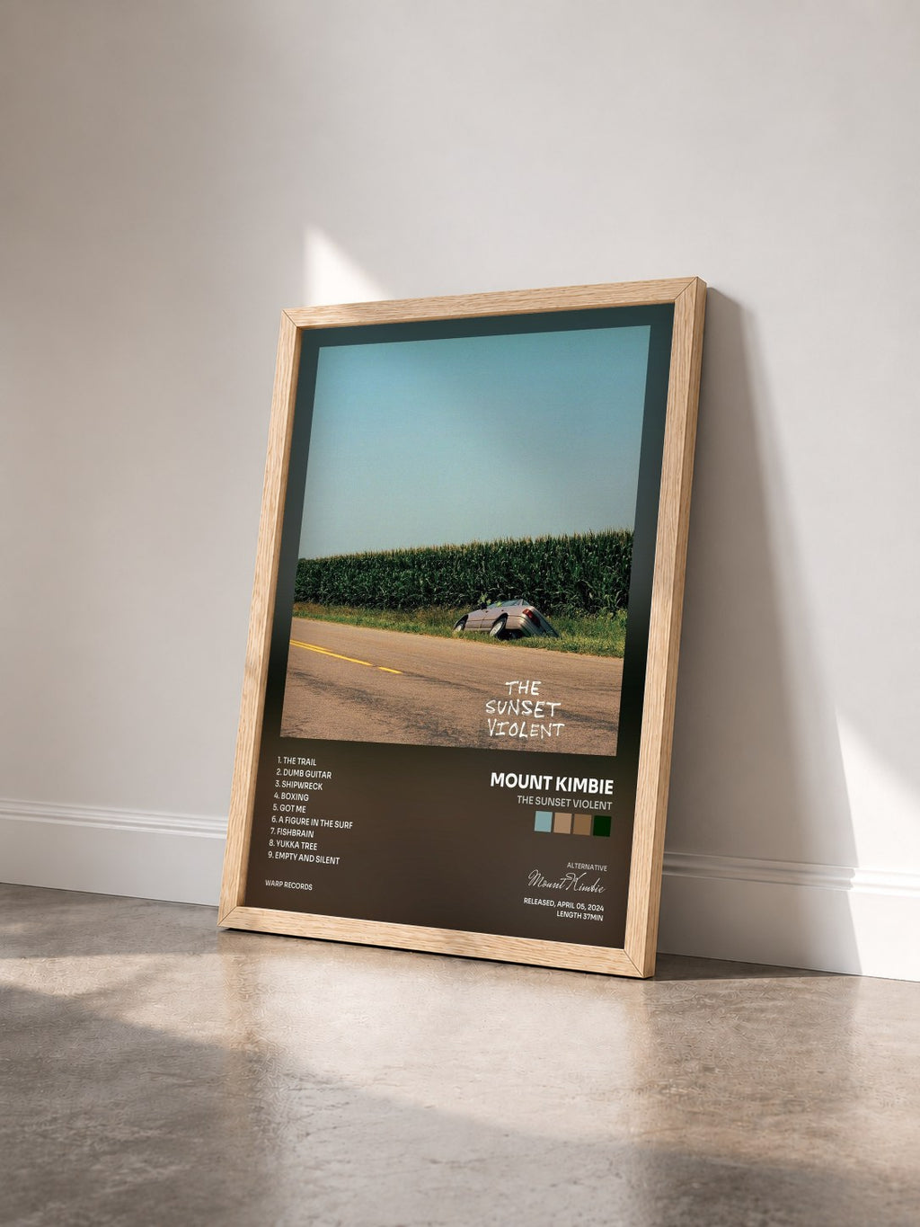 #bois Tableau de l'album The Sunset Violent de Mount Kimbie vu de trois quarts, cadre en bois brut