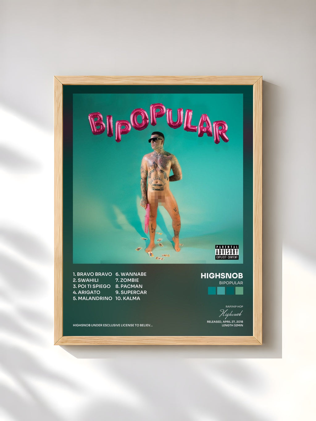 #bois Tableau de l'album Bipopular de Highsnob, cadre en bois brut, imprimé et encadré en France