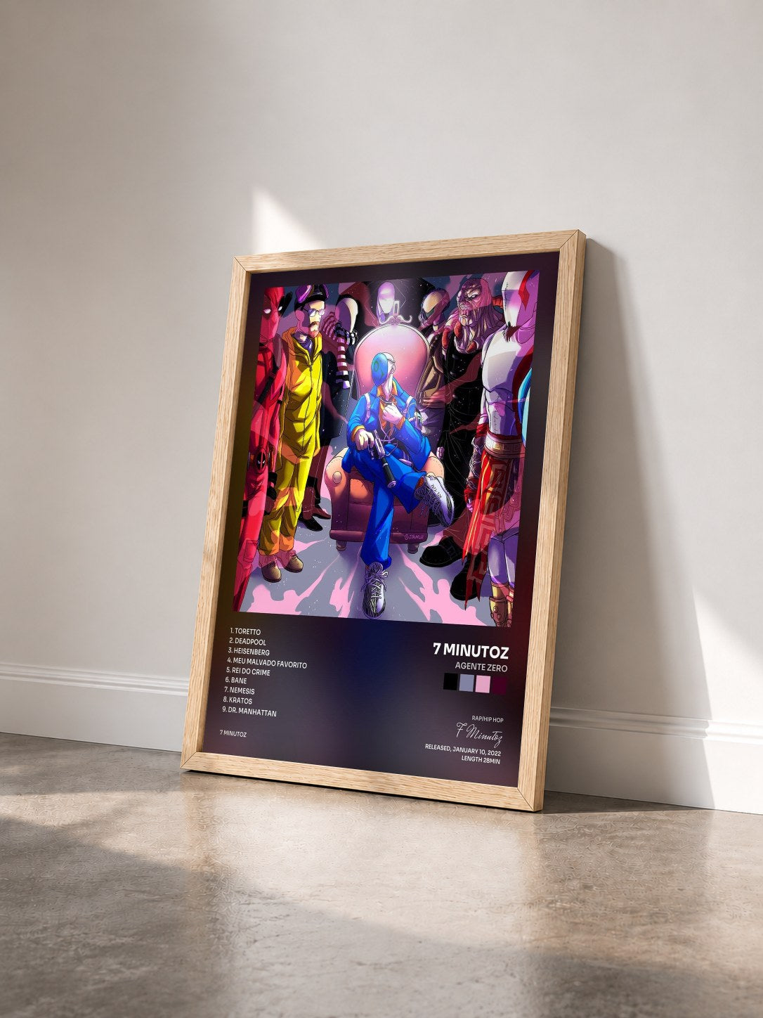 #bois Tableau de l'album Agente Zero de 7 Minutoz vu de trois quarts, cadre en bois brut