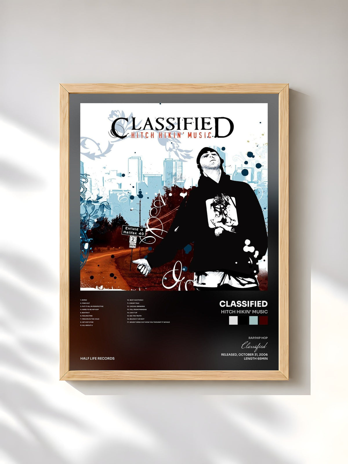 #bois Tableau de l'album Hitch Hikin' Music de Classified, cadre en bois brut, imprimé et encadré en France