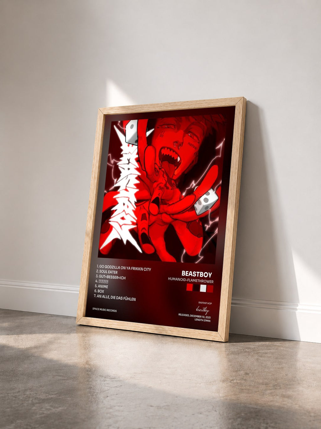 #bois Tableau de l'album HUMANOID-FLAMETHROWER de beastboy   vu de trois quarts, cadre en bois brut