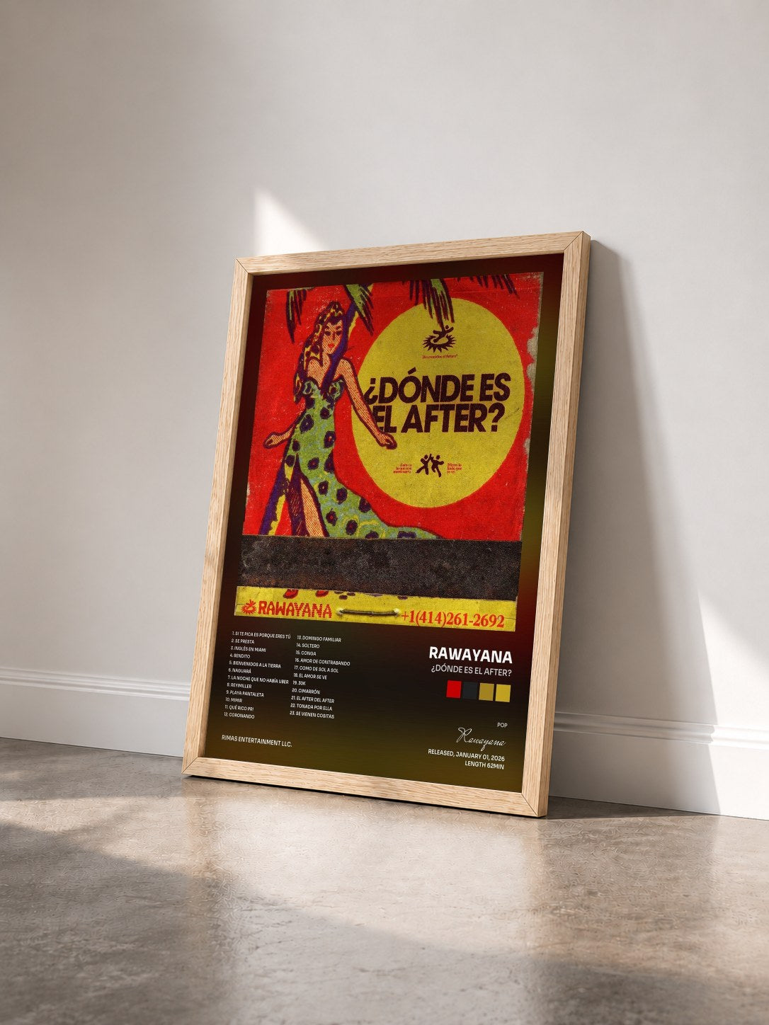 #bois Tableau de l'album ¿Dónde Es El After? de Rawayana vu de trois quarts, cadre en bois brut