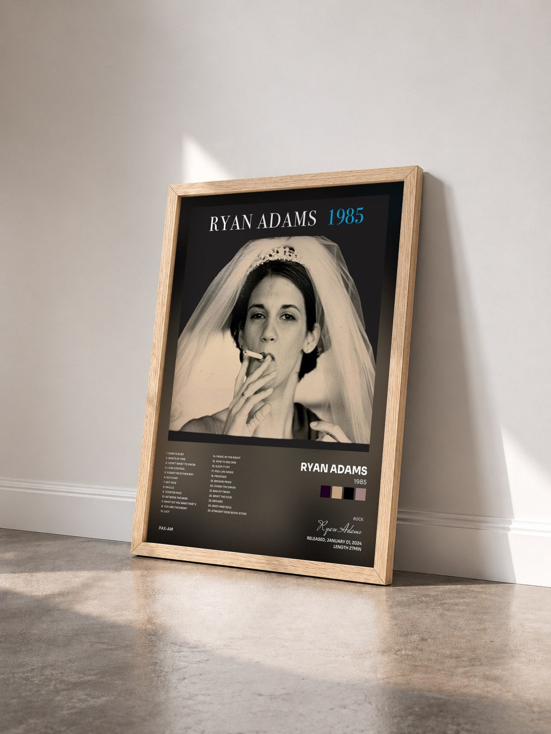 #bois Tableau de l'album 1985 de Ryan Adams vu de trois quarts, cadre en bois brut