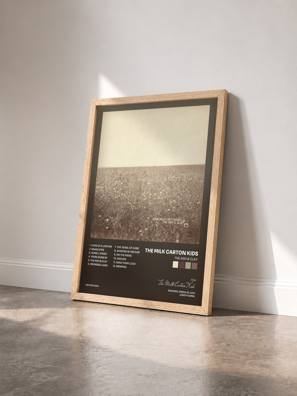 #bois Tableau de l'album The Ash & Clay de The Milk Carton Kids vu de trois quarts, cadre en bois brut