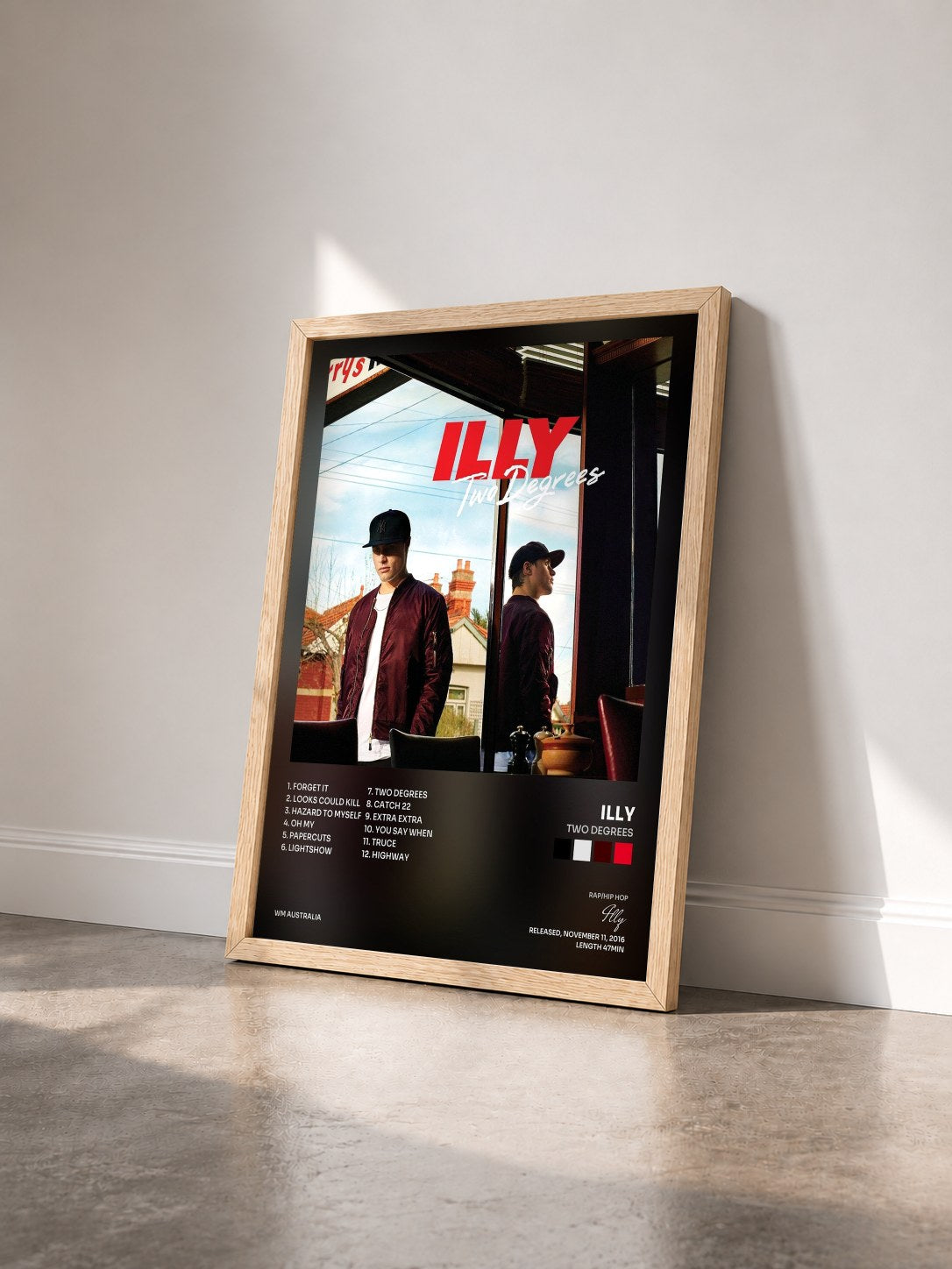 #bois Tableau de l'album Two Degrees de Illy vu de trois quarts, cadre en bois brut