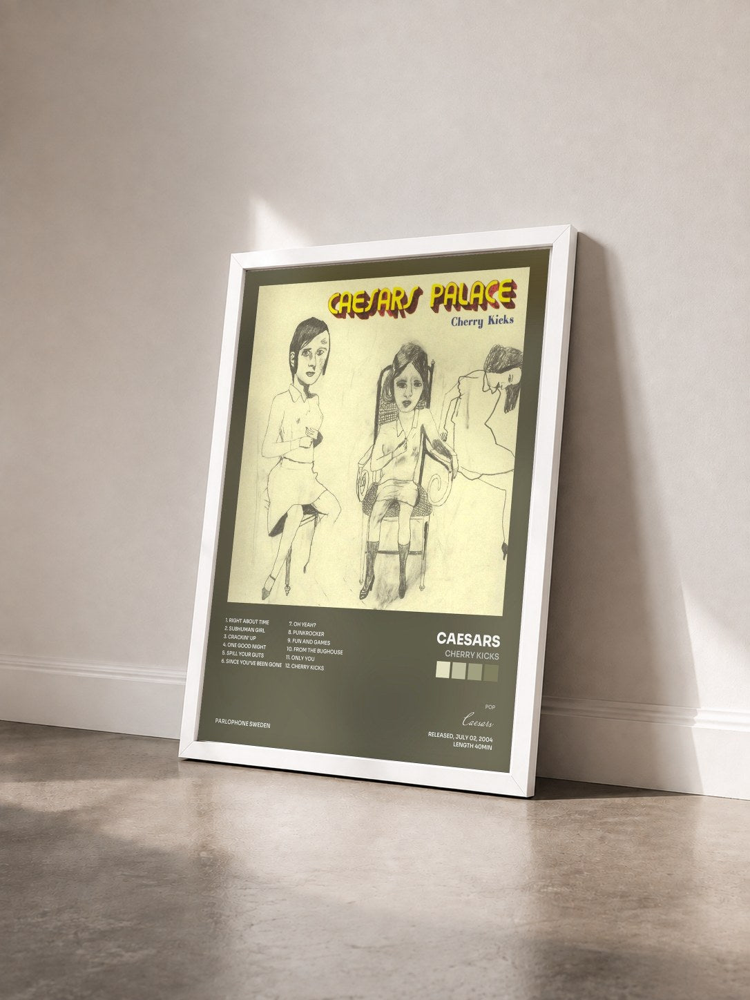#blanc Tableau de l'album Cherry Kicks de Caesars vu de trois quarts, cadre blanc