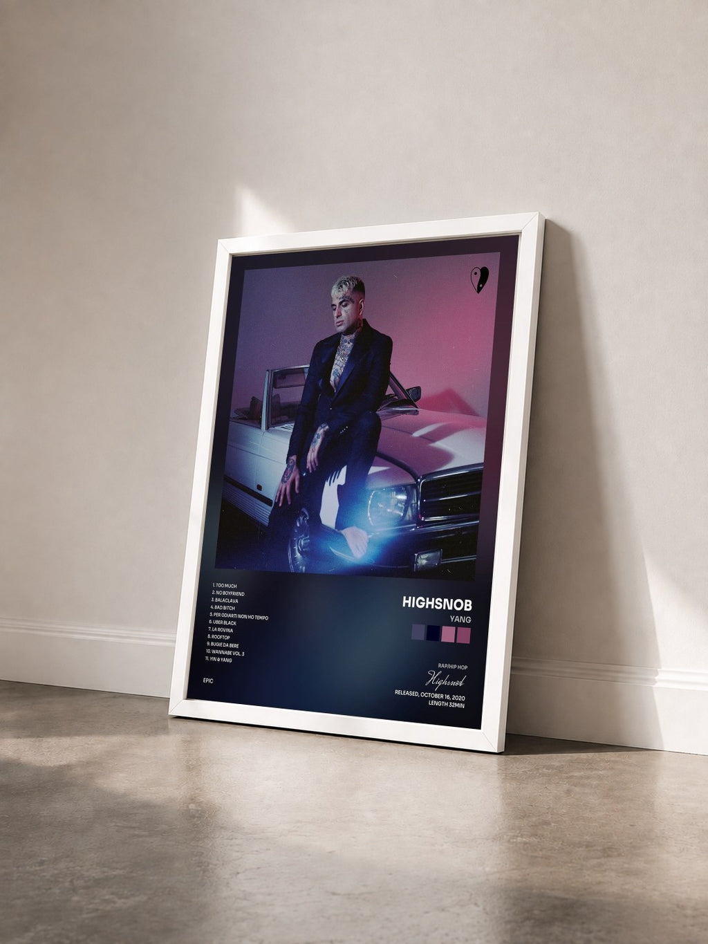 #blanc Tableau de l'album YANG de Highsnob vu de trois quarts, cadre blanc
