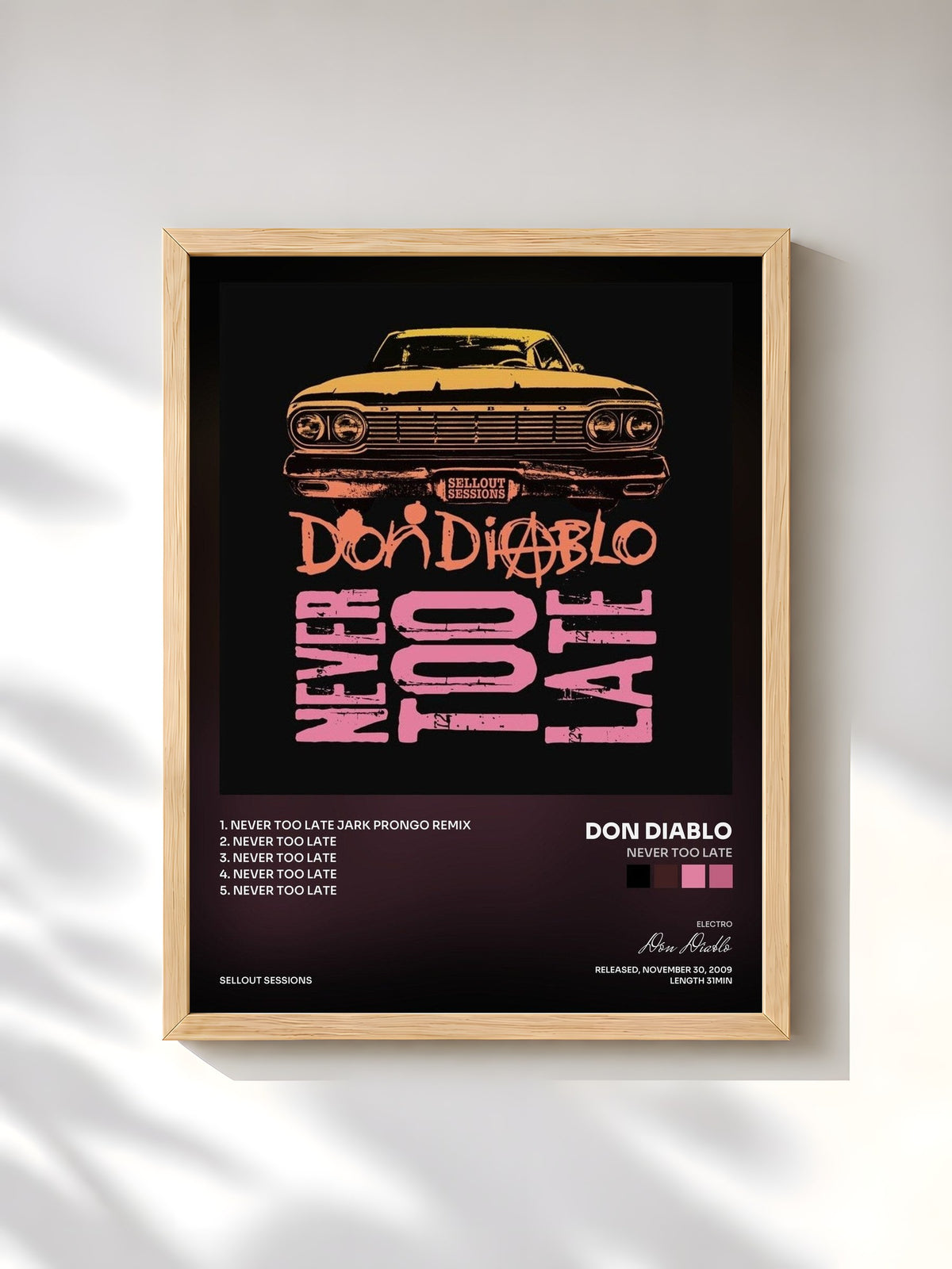 #bois Tableau de l'album Never Too Late de Don Diablo, cadre en bois brut, imprimé et encadré en France