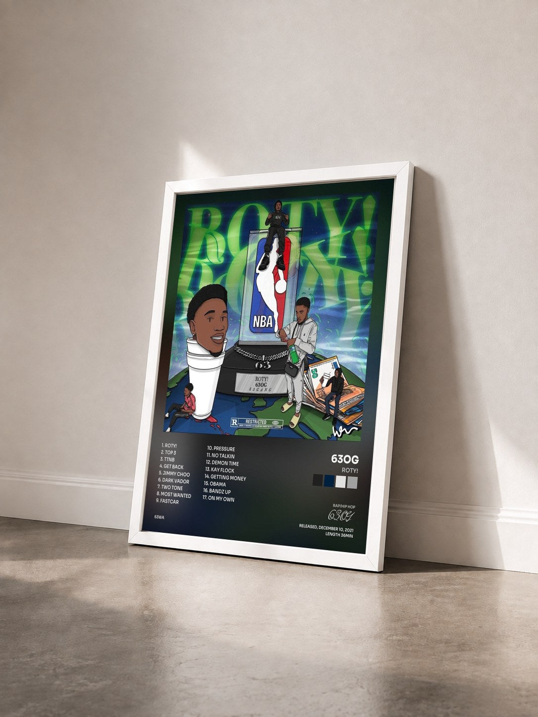 #blanc Tableau de l'album ROTY! de 63OG vu de trois quarts, cadre blanc