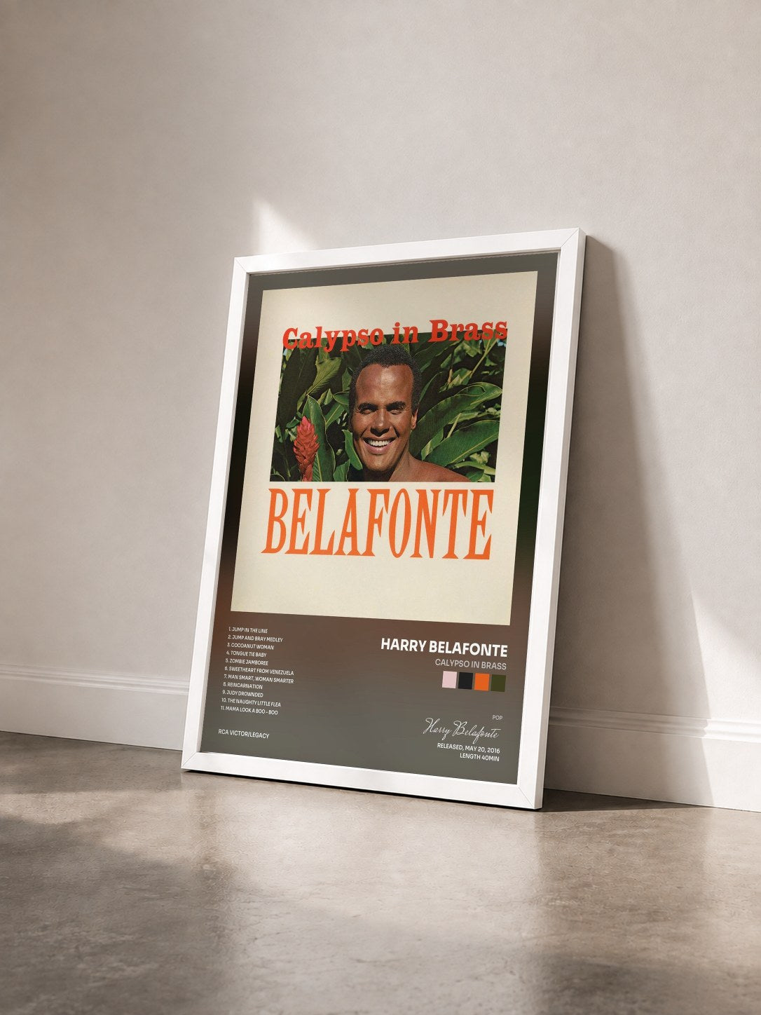 #blanc Tableau de l'album Calypso In Brass de Harry Belafonte vu de trois quarts, cadre blanc