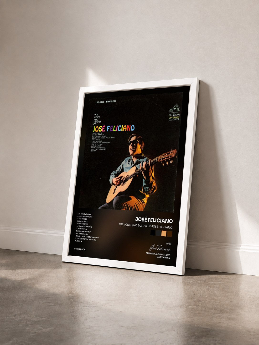 #blanc Tableau de l'album The Voice and Guitar of José Feliciano de José Feliciano vu de trois quarts, cadre blanc