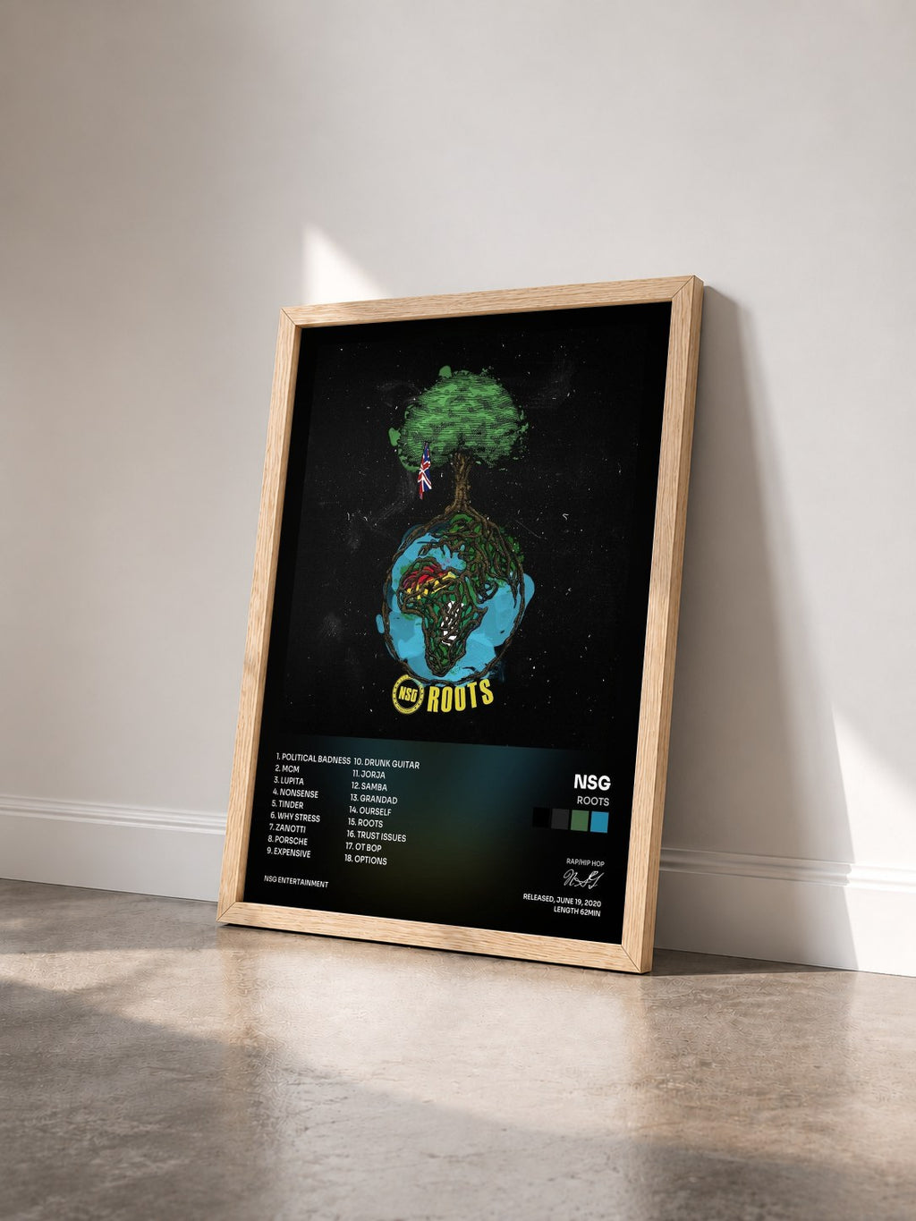 #bois Tableau de l'album Roots de NSG vu de trois quarts, cadre en bois brut