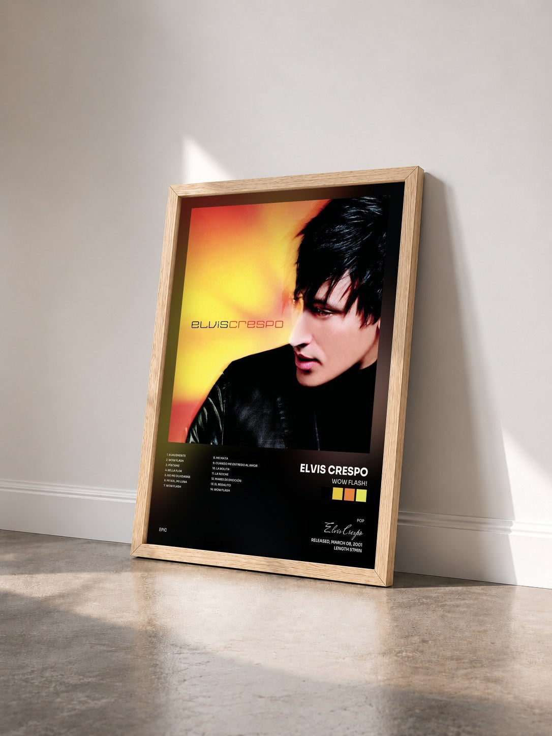 #bois Tableau de l'album Wow Flash! de Elvis Crespo vu de trois quarts, cadre en bois brut