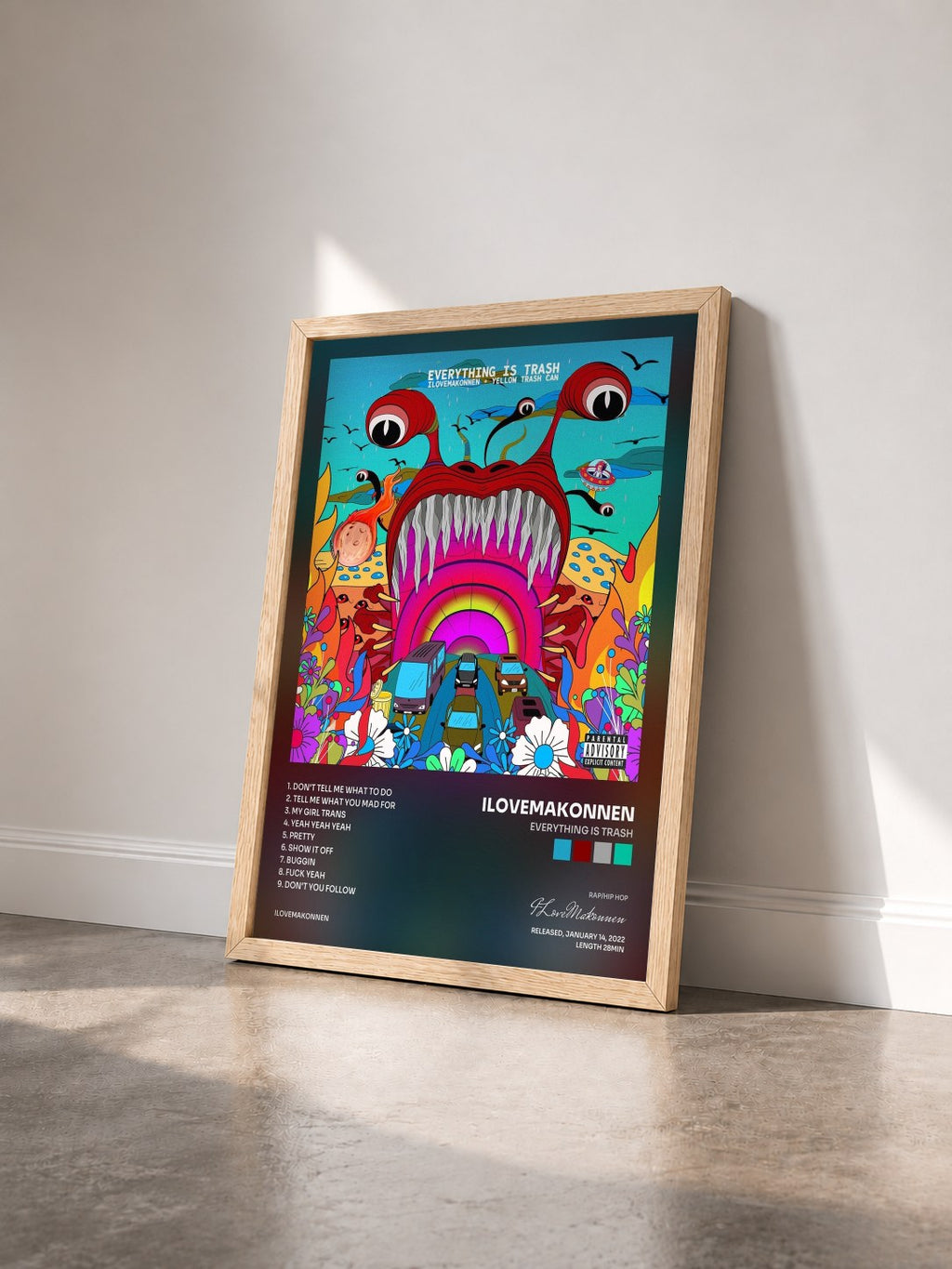 #bois Tableau de l'album Everything Is Trash de ILoveMakonnen vu de trois quarts, cadre en bois brut