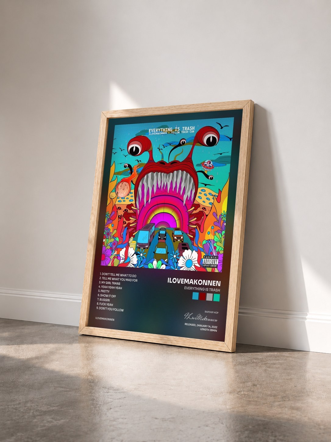 #bois Tableau de l'album Everything Is Trash de ILoveMakonnen vu de trois quarts, cadre en bois brut