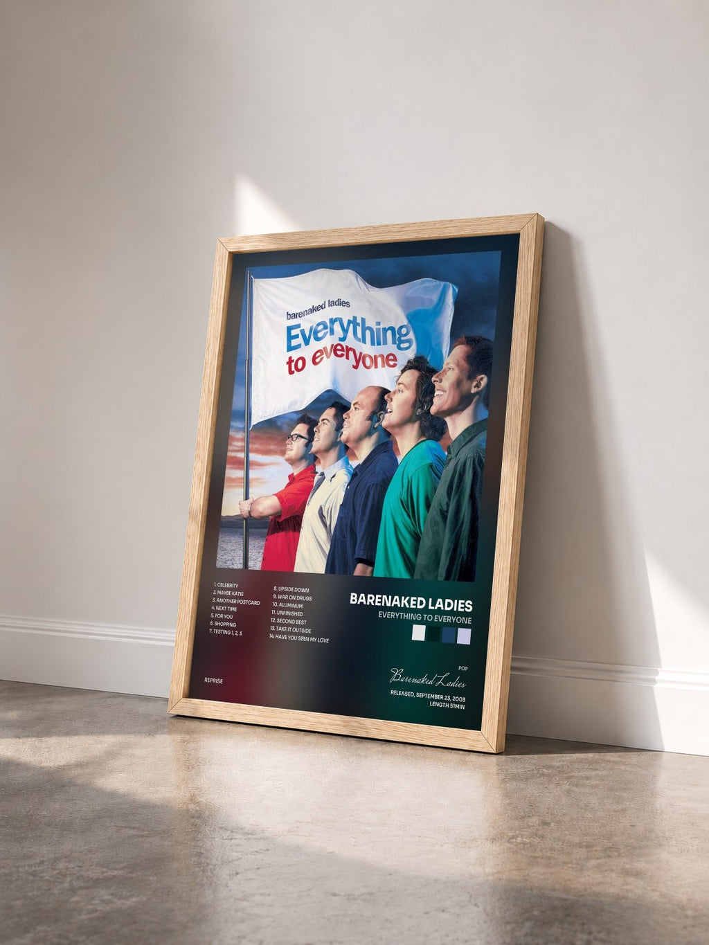 #bois Tableau de l'album Everything to Everyone de Barenaked Ladies vu de trois quarts, cadre en bois brut