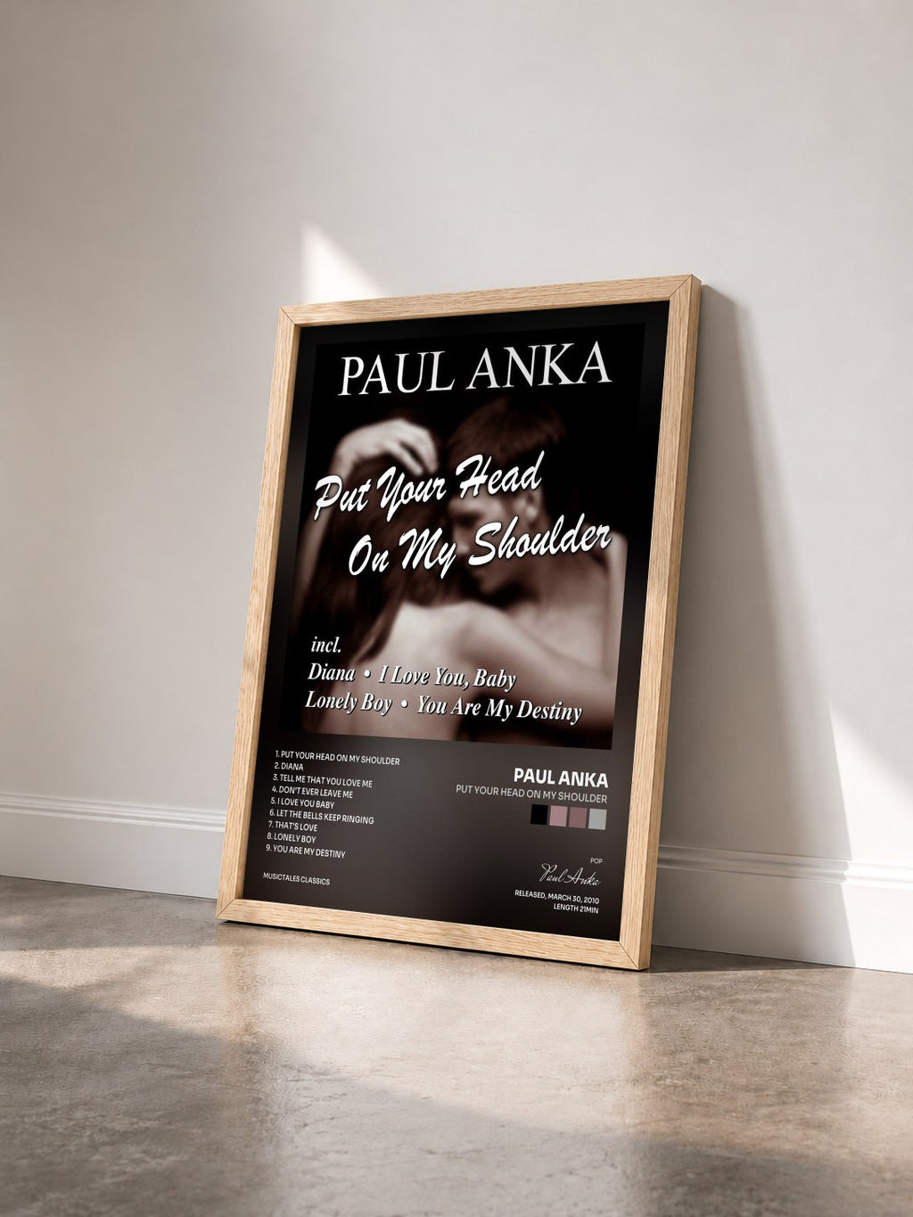 #bois Tableau de l'album Put Your Head On My Shoulder de Paul Anka vu de trois quarts, cadre en bois brut