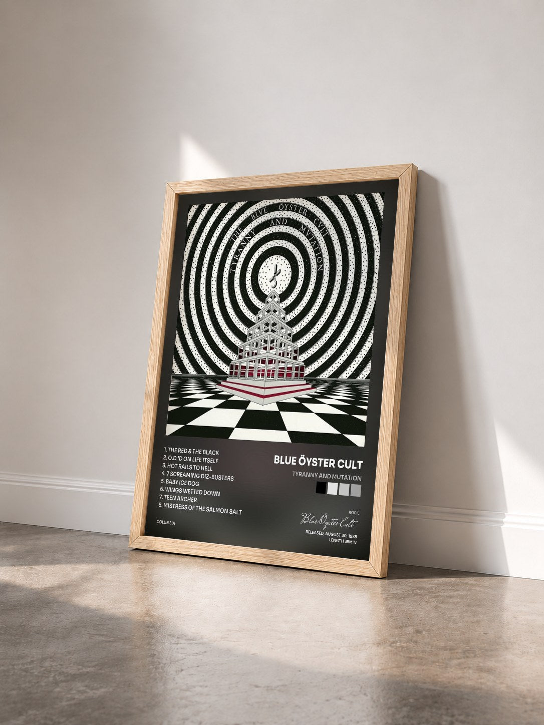 #bois Tableau de l'album Tyranny And Mutation de Blue Öyster Cult vu de trois quarts, cadre en bois brut