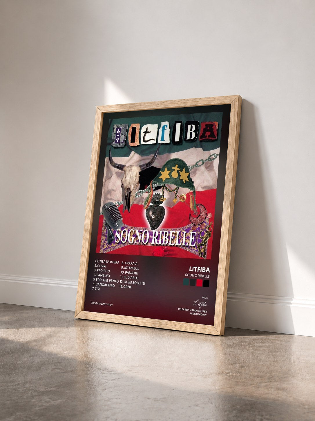 #bois Tableau de l'album Sogno Ribelle de Litfiba vu de trois quarts, cadre en bois brut