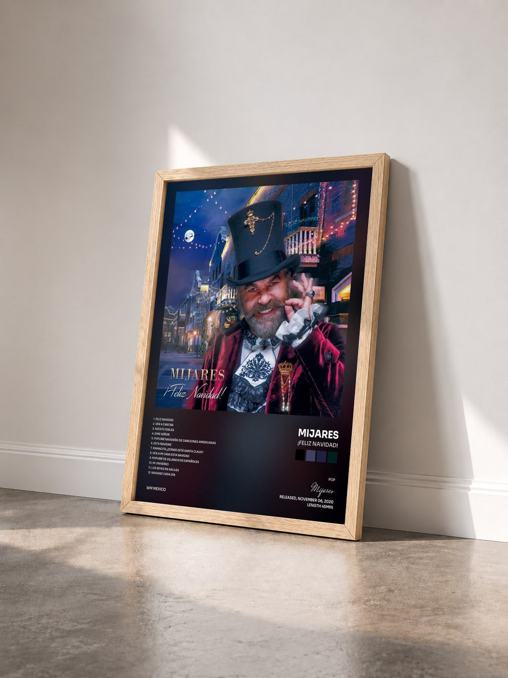 #bois Tableau de l'album ¡Feliz Navidad! de Mijares vu de trois quarts, cadre en bois brut