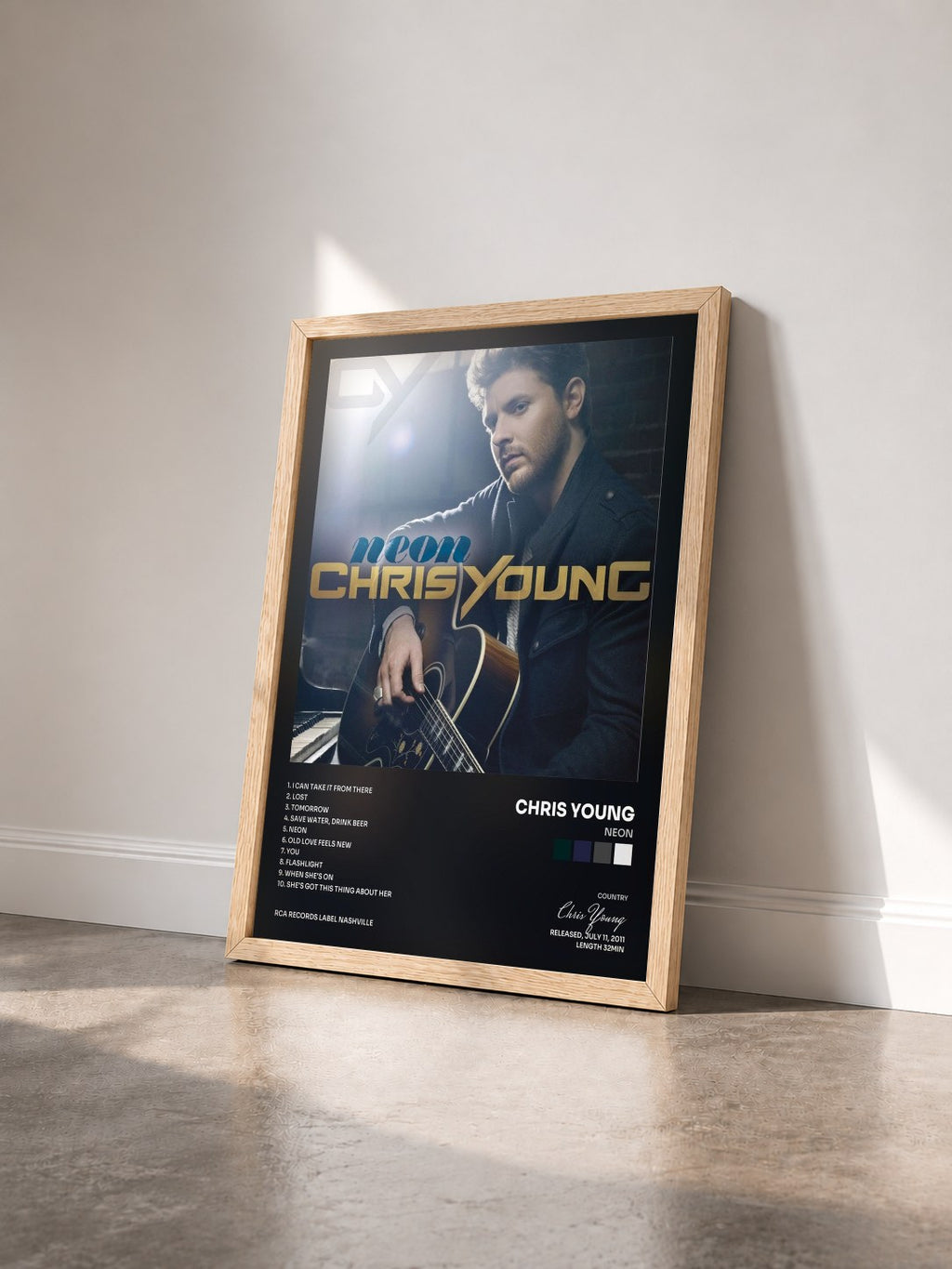 #bois Tableau de l'album Neon de Chris Young vu de trois quarts, cadre en bois brut