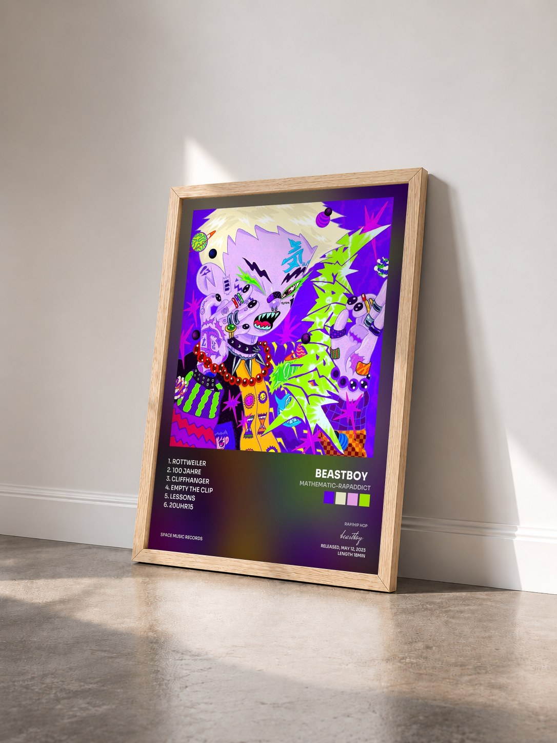 #bois Tableau de l'album MATHEMATIC-RAPADDICT de beastboy   vu de trois quarts, cadre en bois brut