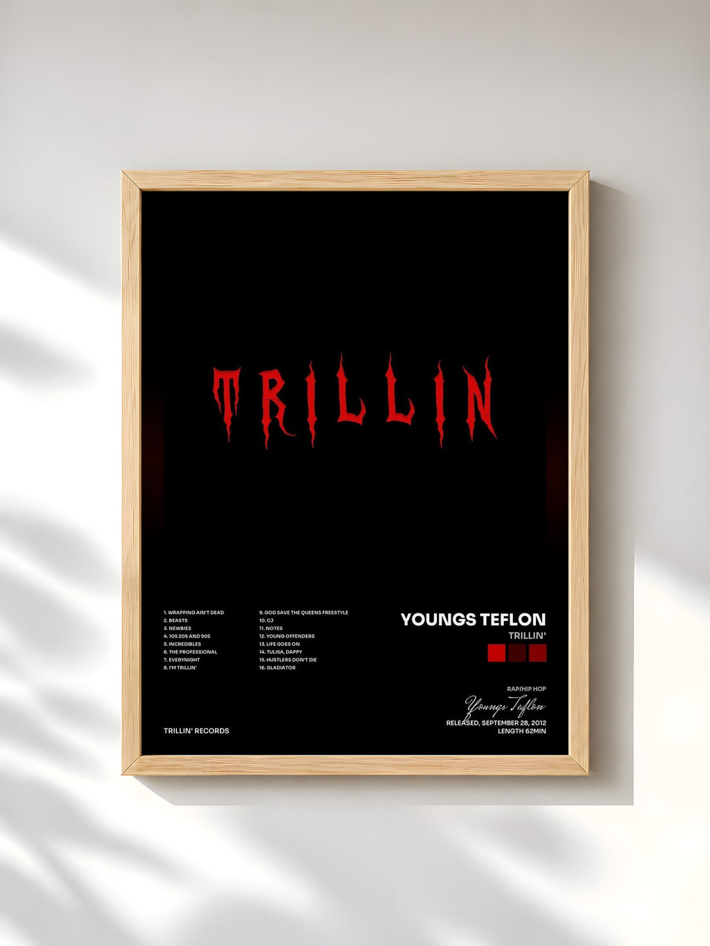 #bois Tableau de l'album Trillin' de Youngs Teflon, cadre en bois brut, imprimé et encadré en France
