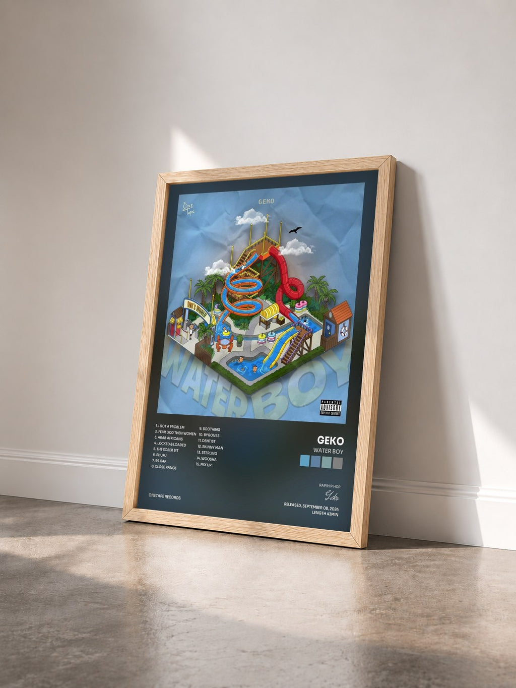 #bois Tableau de l'album Water Boy de Geko vu de trois quarts, cadre en bois brut