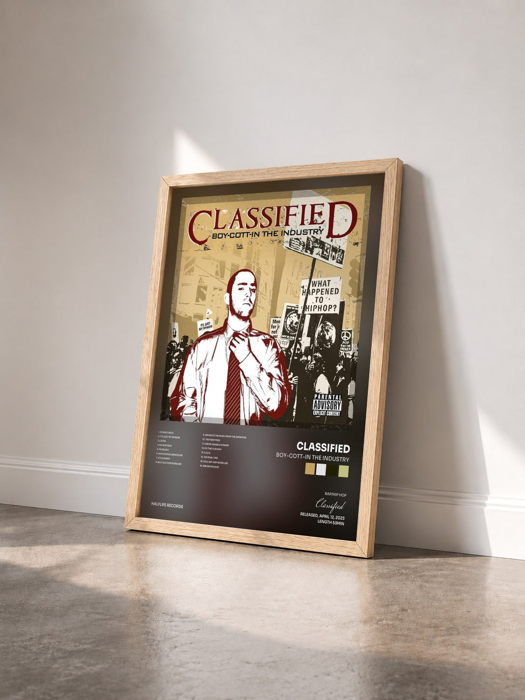 #bois Tableau de l'album Boy-Cott-In The Industry de Classified vu de trois quarts, cadre en bois brut