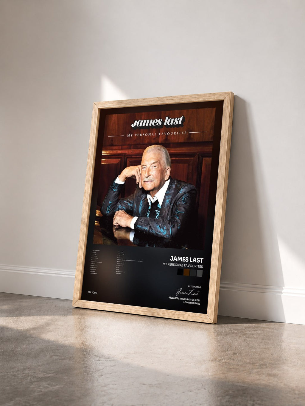 #bois Tableau de l'album My Personal Favourites de James Last vu de trois quarts, cadre en bois brut