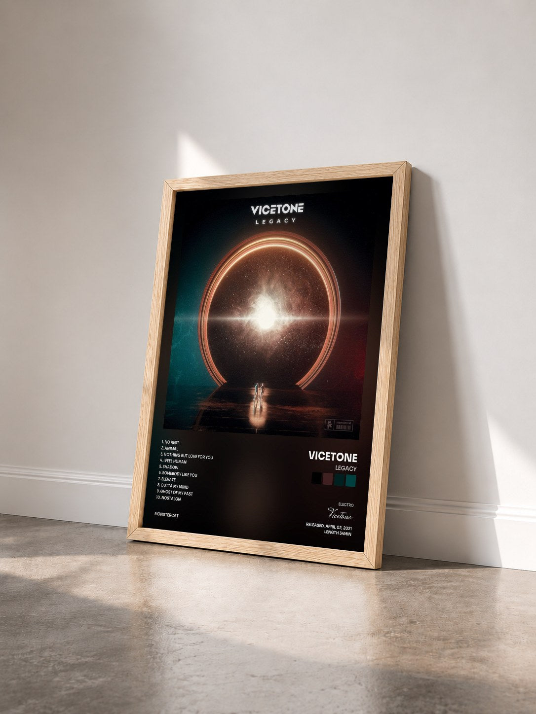 #bois Tableau de l'album Legacy de Vicetone vu de trois quarts, cadre en bois brut
