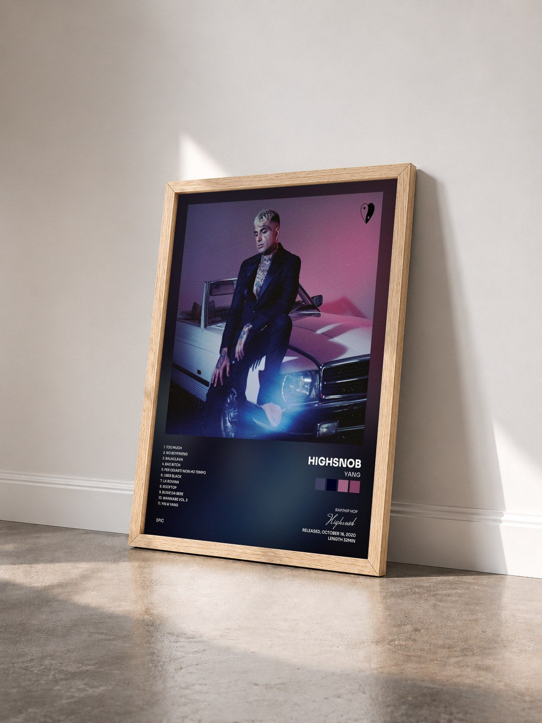 #bois Tableau de l'album YANG de Highsnob vu de trois quarts, cadre en bois brut