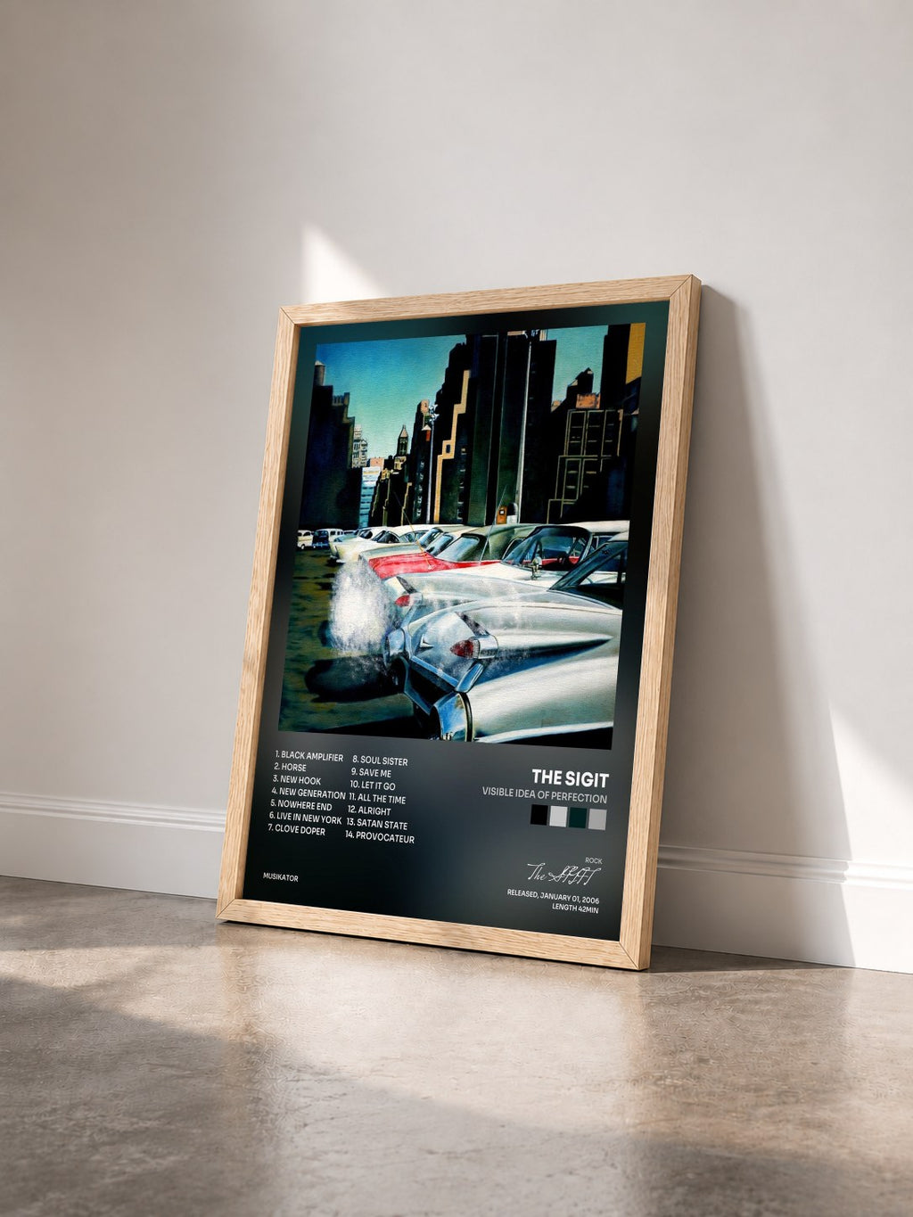 #bois Tableau de l'album Visible Idea of Perfection de The SIGIT vu de trois quarts, cadre en bois brut