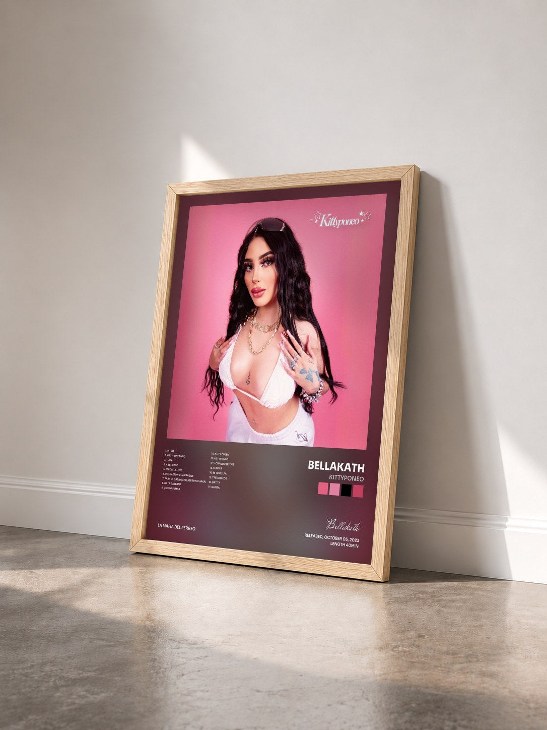 #bois Tableau de l'album Kittyponeo de Bellakath vu de trois quarts, cadre en bois brut