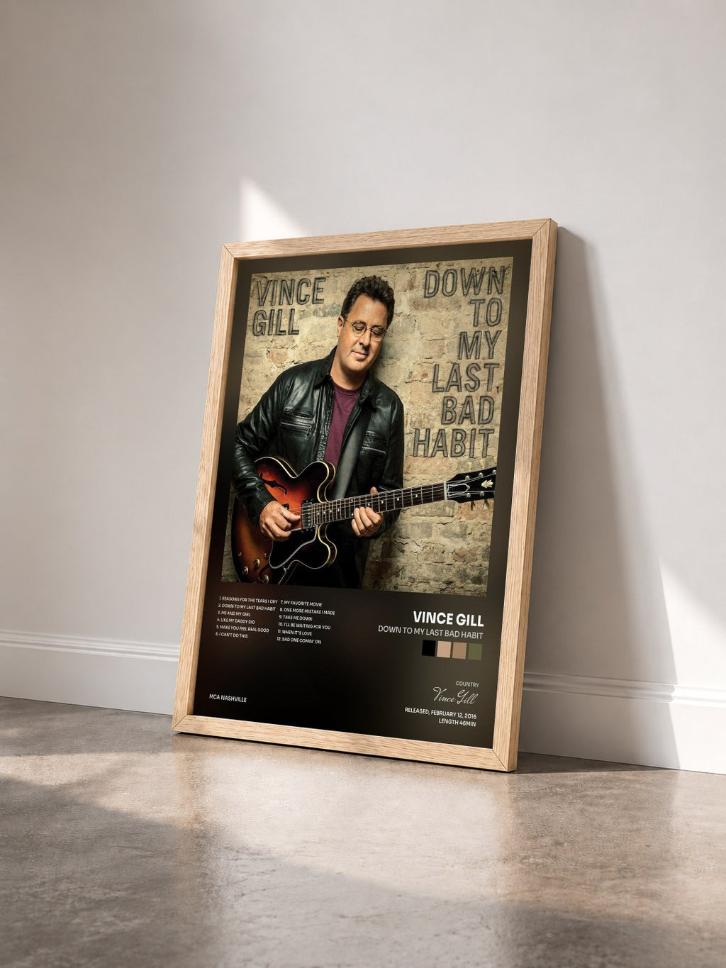 #bois Tableau de l'album Down To My Last Bad Habit de Vince Gill vu de trois quarts, cadre en bois brut
