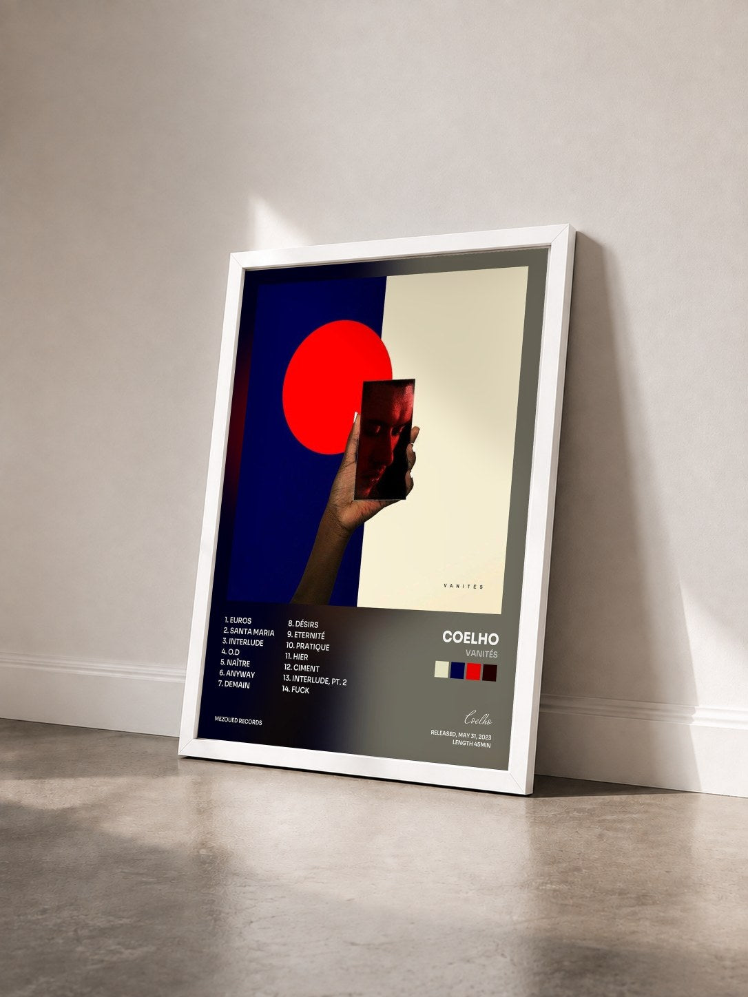 #blanc Tableau de l'album Vanités de Coelho vu de trois quarts, cadre blanc