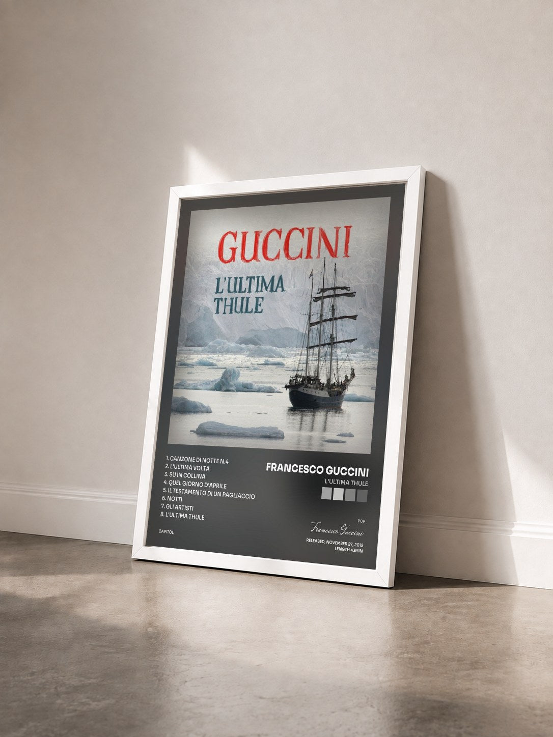 #blanc Tableau de l'album L'Ultima Thule de Francesco Guccini vu de trois quarts, cadre blanc