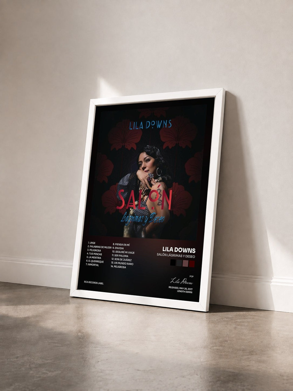 #blanc Tableau de l'album Salón Lágrimas y Deseo de Lila Downs vu de trois quarts, cadre blanc