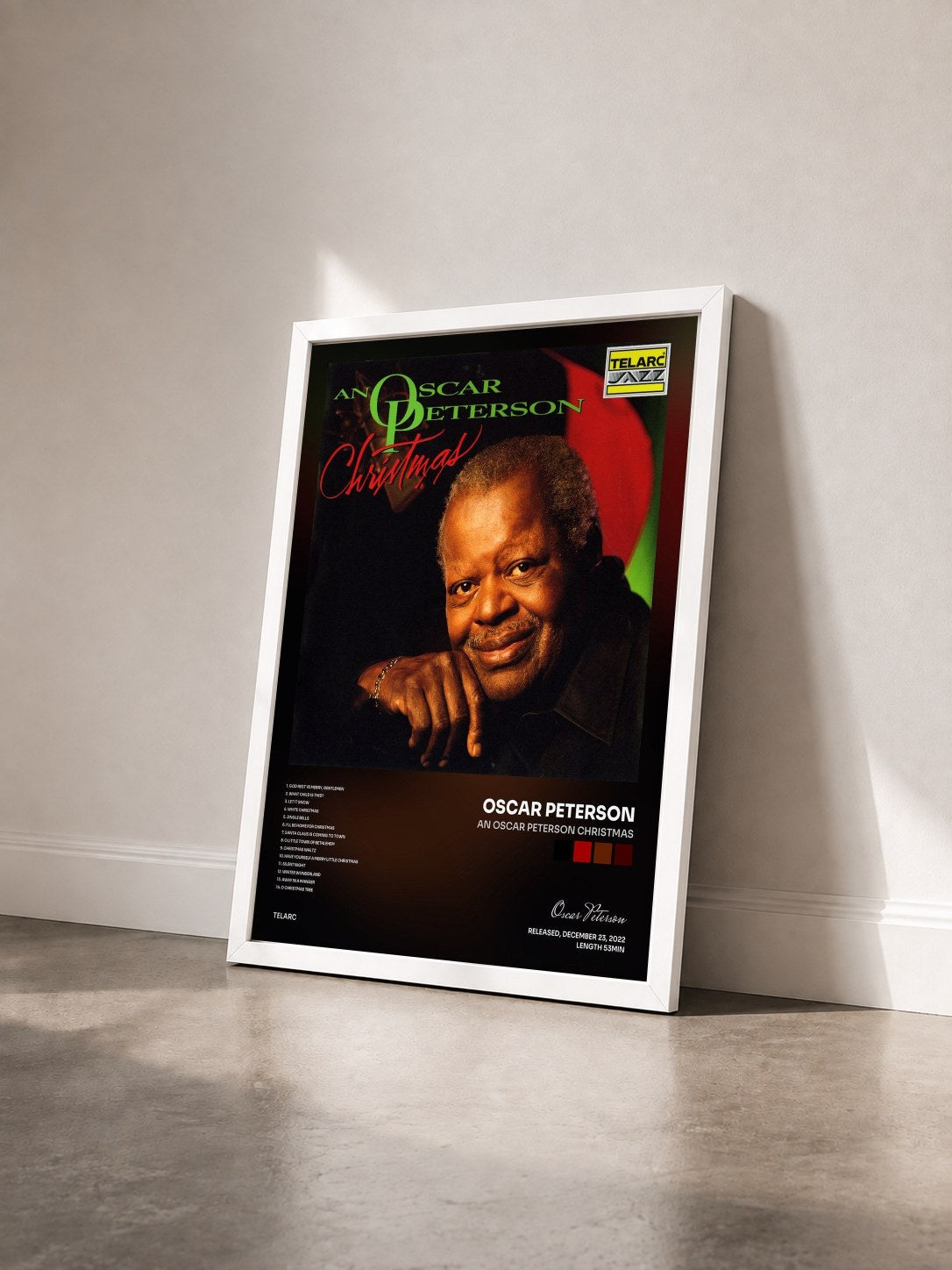 #blanc Tableau de l'album An Oscar Peterson Christmas de Oscar Peterson vu de trois quarts, cadre blanc