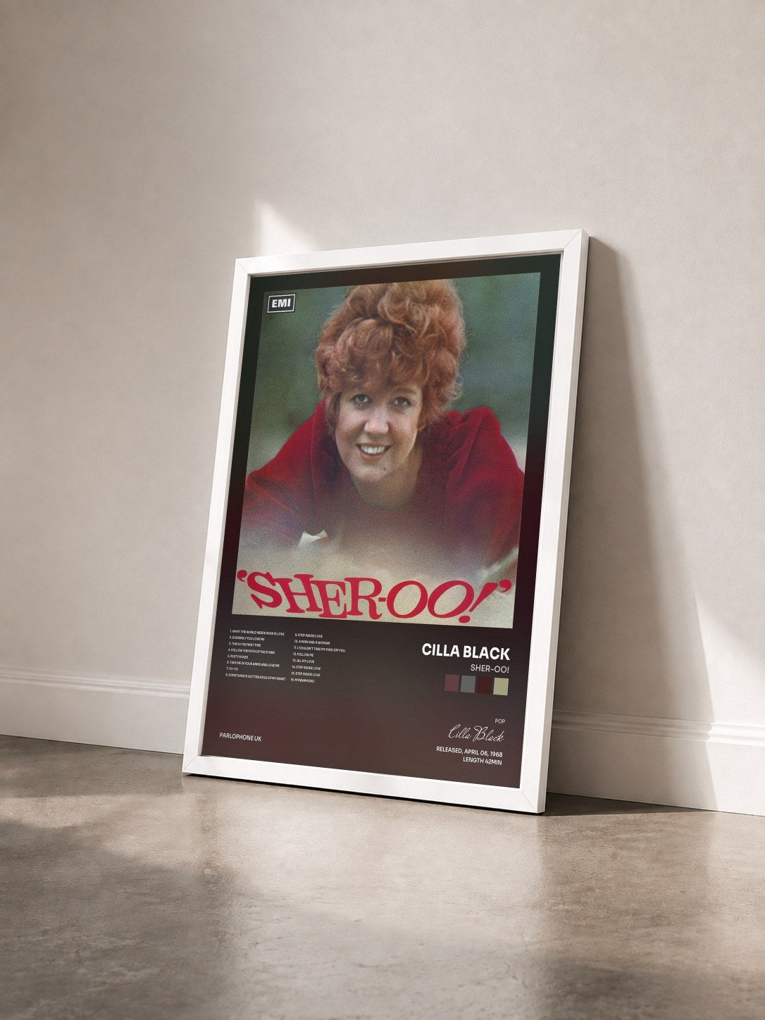 #blanc Tableau de l'album Sher-oo! de Cilla Black vu de trois quarts, cadre blanc