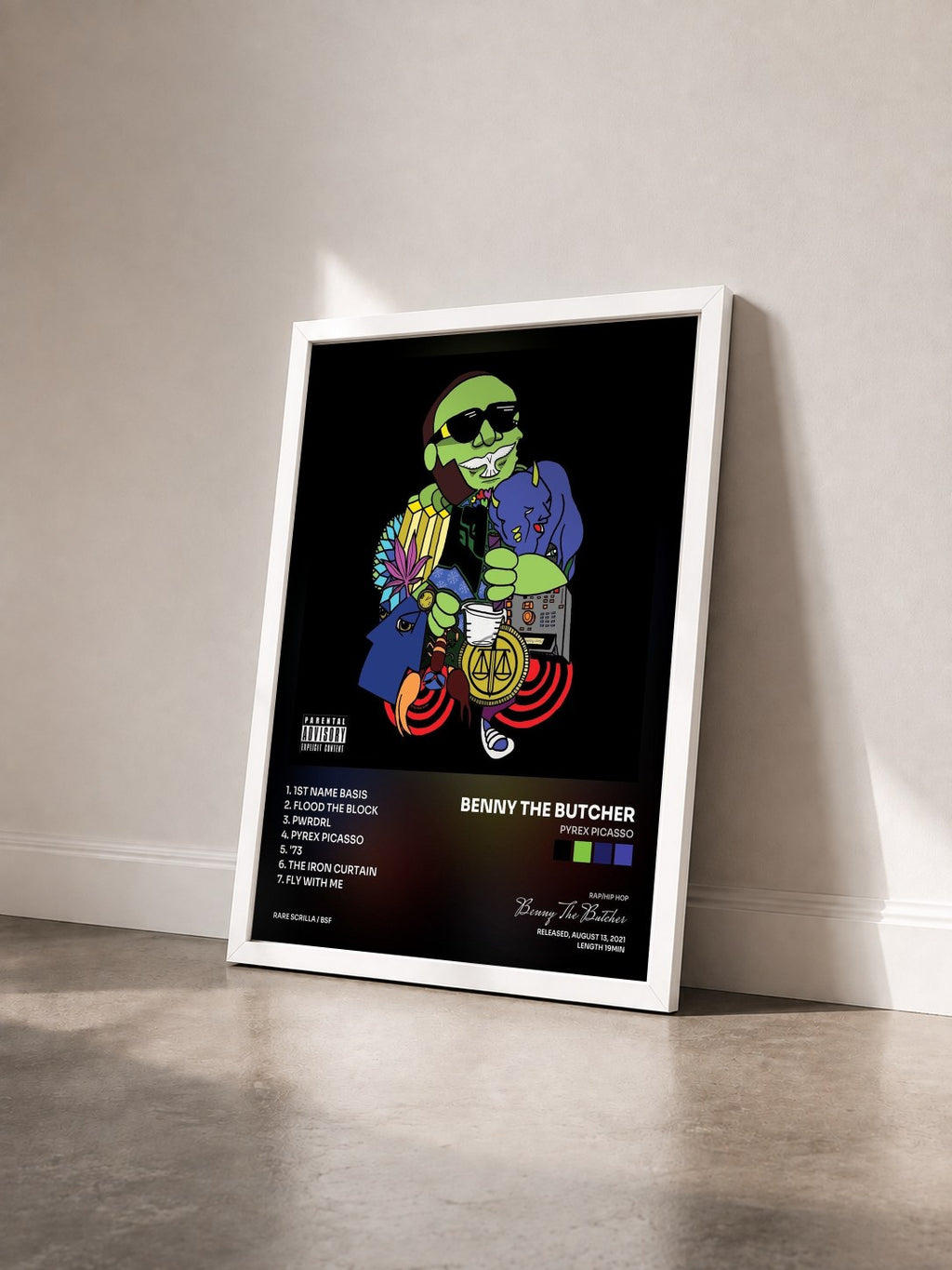 #blanc Tableau de l'album Pyrex Picasso de Benny The Butcher vu de trois quarts, cadre blanc